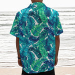 Teal Tropical Leaf Pattern Print Textured Short Sleeve Shirt
