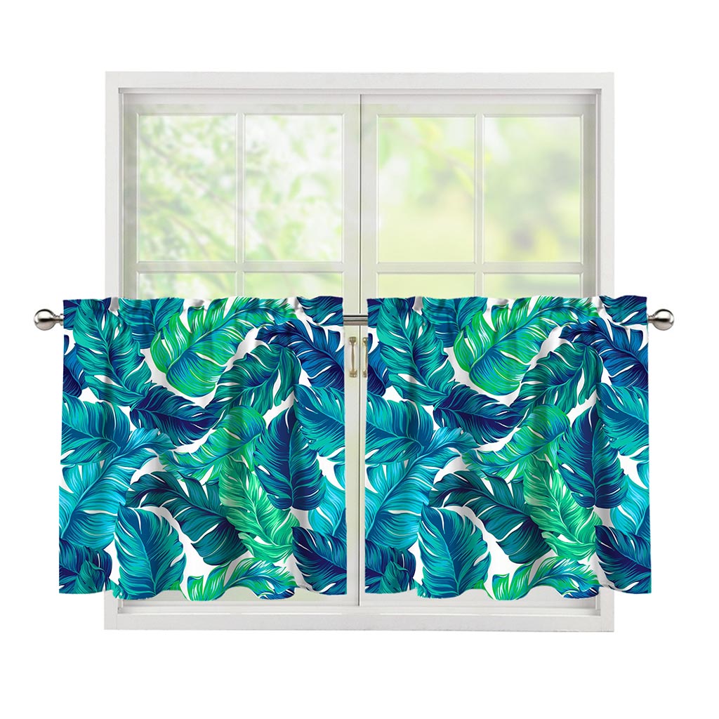 Teal Tropical Leaf Pattern Print Tier Curtains