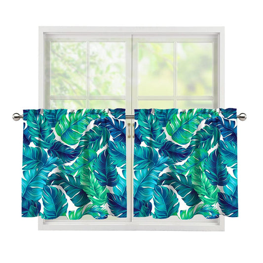 Teal Tropical Leaf Pattern Print Tier Curtains