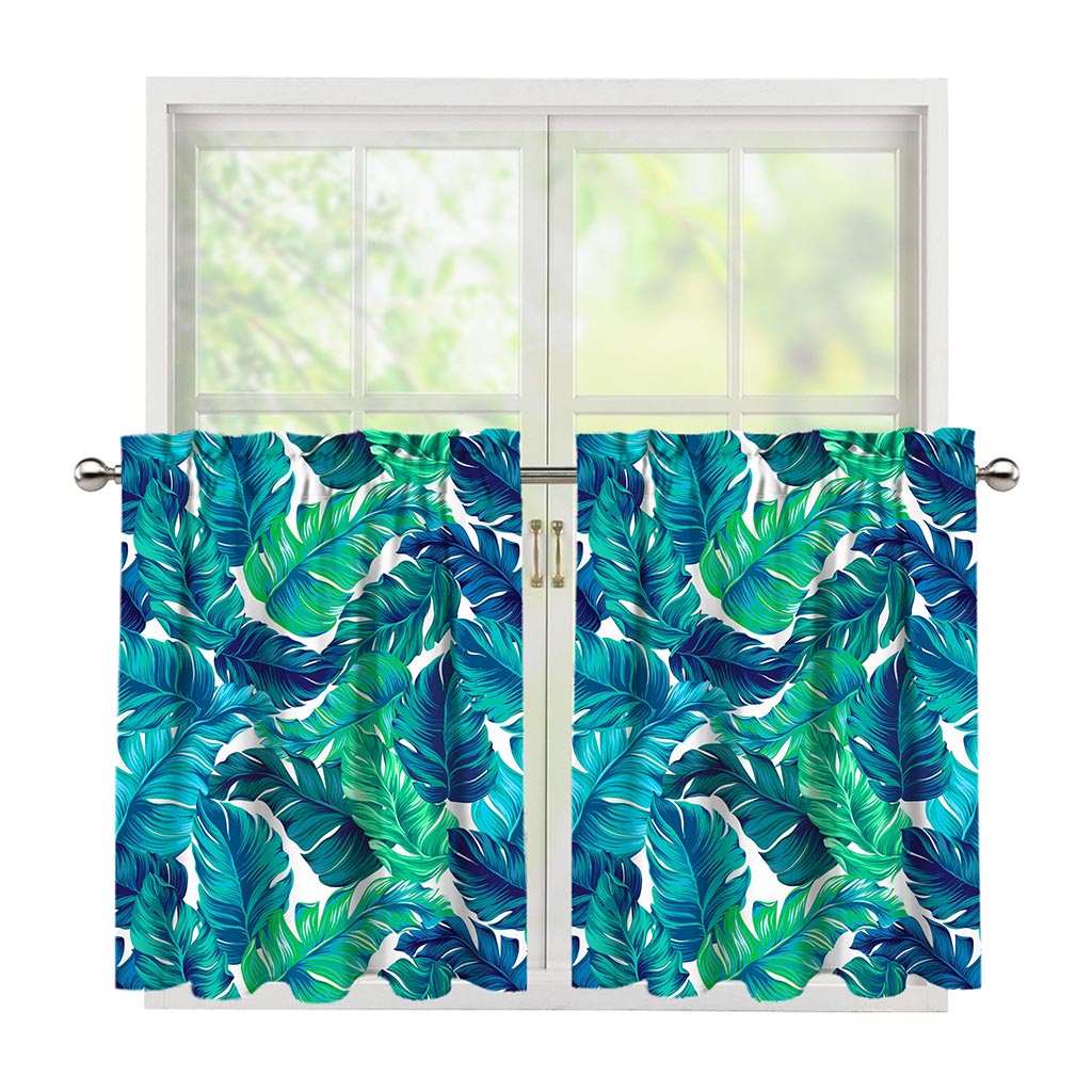 Teal Tropical Leaf Pattern Print Tier Curtains