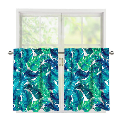 Teal Tropical Leaf Pattern Print Tier Curtains