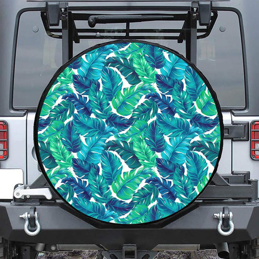 Teal Tropical Leaf Pattern Print Tire Cover