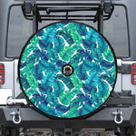 Teal Tropical Leaf Pattern Print Tire Cover With Camera Hole