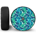 Teal Tropical Leaf Pattern Print Tire Cover With Camera Hole