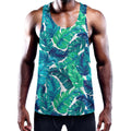 Teal Tropical Leaf Pattern Print Men's Workout Tank Top
