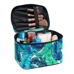 Teal Tropical Leaf Pattern Print Travel Makeup Bag