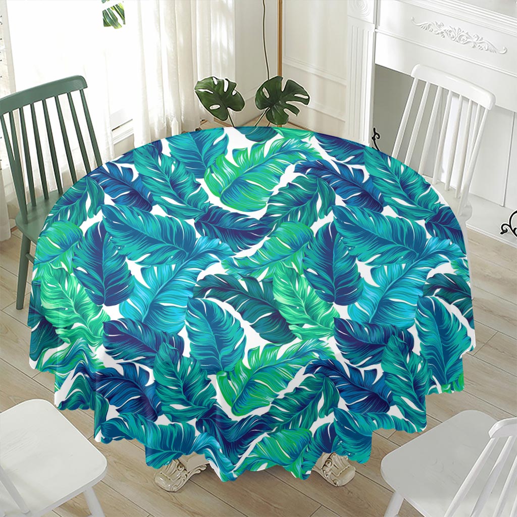 Teal Tropical Leaf Pattern Print Waterproof Round Tablecloth