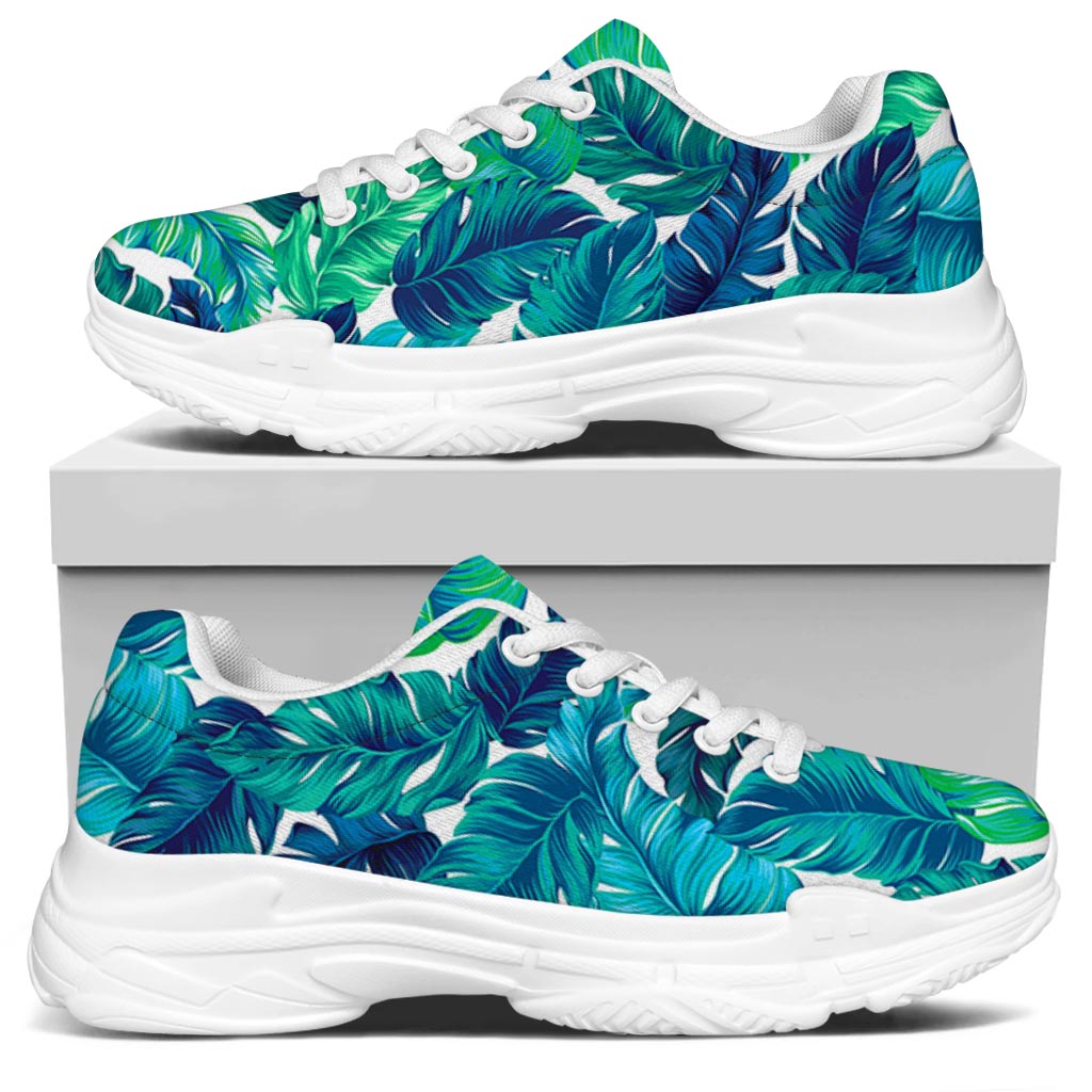 Teal Tropical Leaf Pattern Print White Chunky Shoes