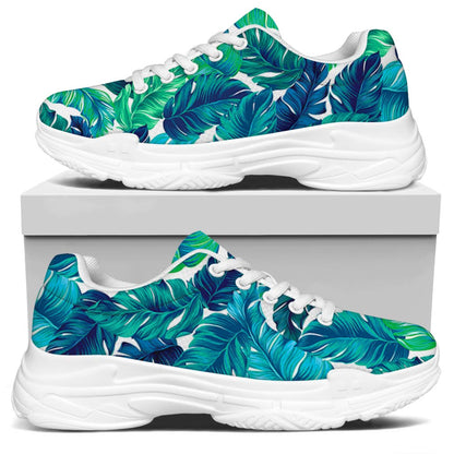 Teal Tropical Leaf Pattern Print White Chunky Shoes