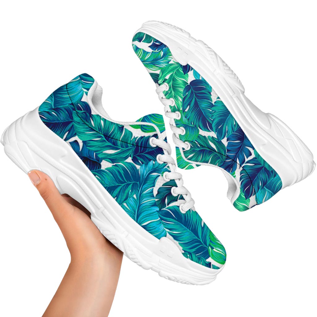 Teal Tropical Leaf Pattern Print White Chunky Shoes