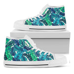 Teal Tropical Leaf Pattern Print White High Top Sneakers