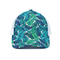 Teal Tropical Leaf Pattern Print White Mesh Trucker Hat