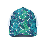 Teal Tropical Leaf Pattern Print White Mesh Trucker Cap