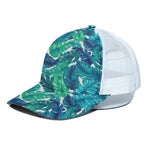 Teal Tropical Leaf Pattern Print White Mesh Trucker Cap