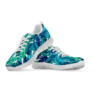 Teal Tropical Leaf Pattern Print White Running Shoes