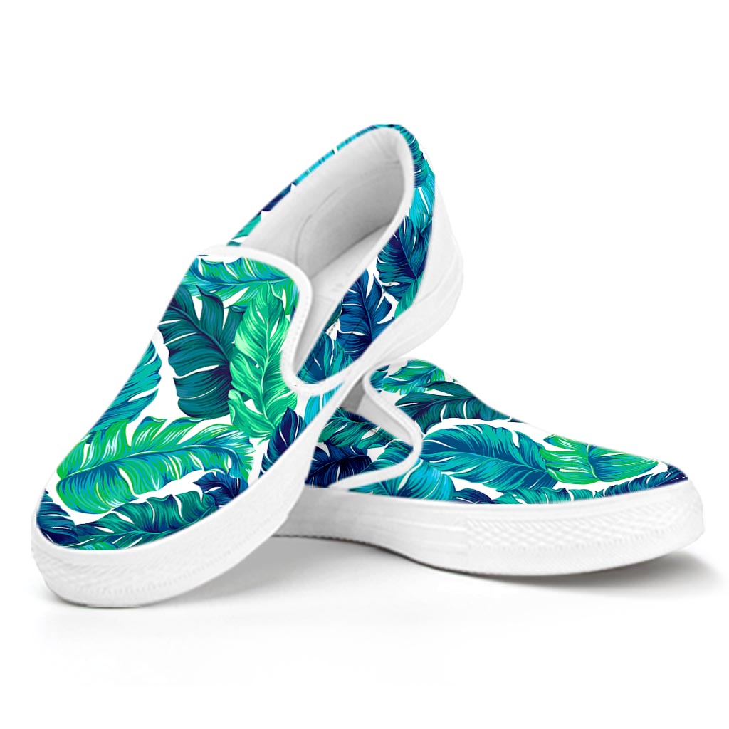 Teal Tropical Leaf Pattern Print White Slip On Sneakers