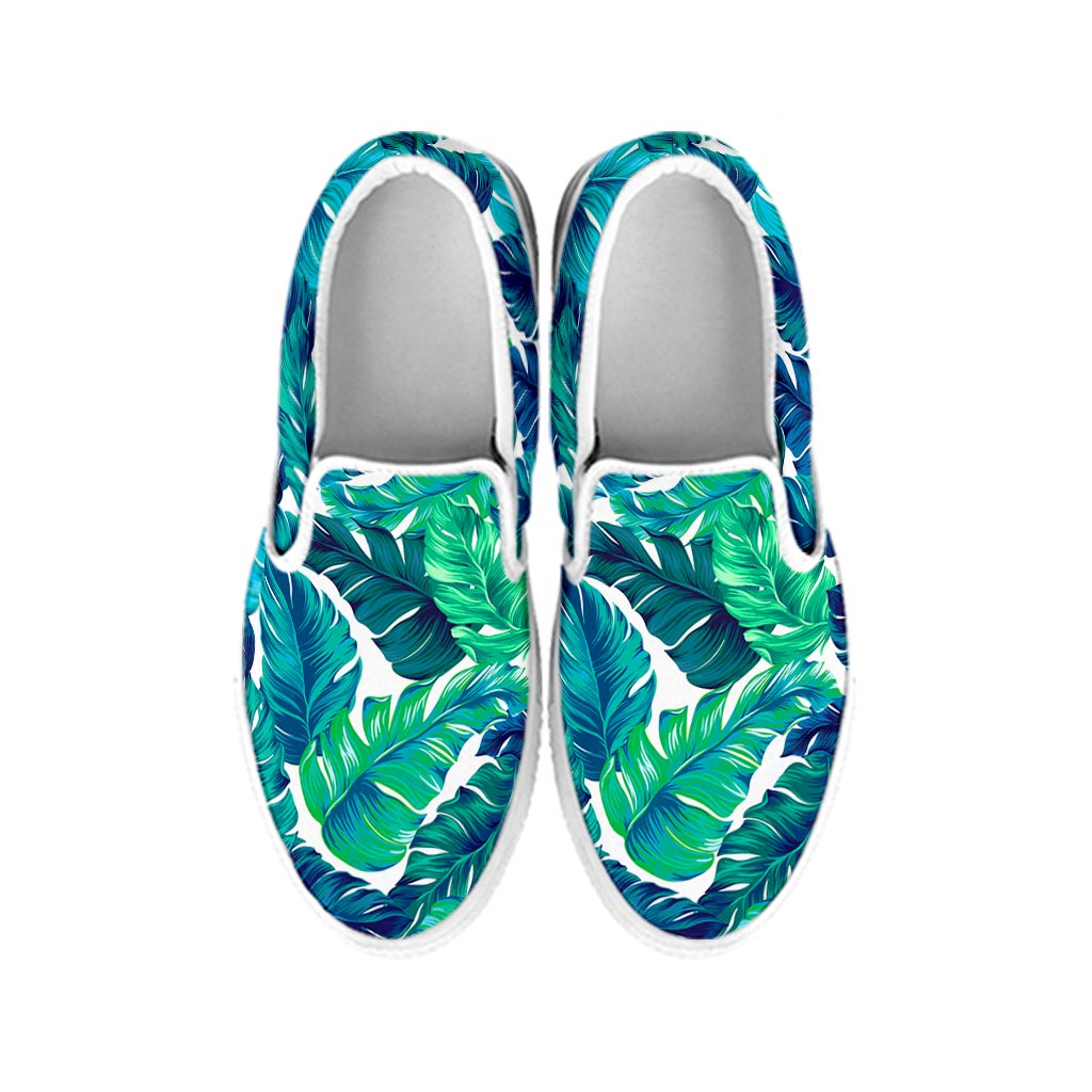 Teal Tropical Leaf Pattern Print White Slip On Sneakers