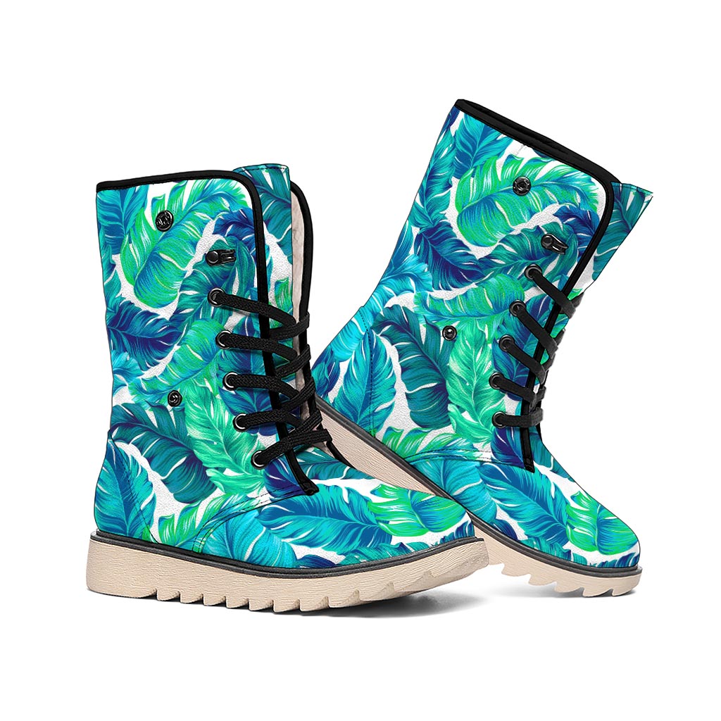 Teal Tropical Leaf Pattern Print Winter Boots