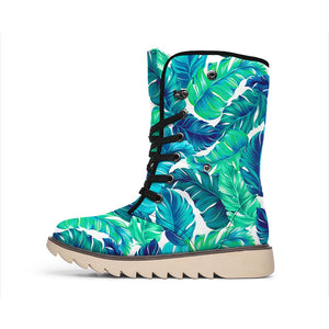 Teal Tropical Leaf Pattern Print Winter Boots