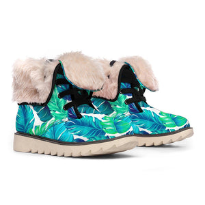 Teal Tropical Leaf Pattern Print Winter Boots