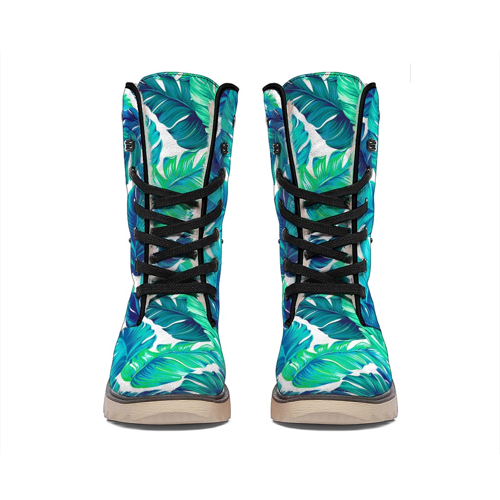 Teal Tropical Leaf Pattern Print Winter Boots