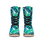 Teal Tropical Leaf Pattern Print Winter Boots