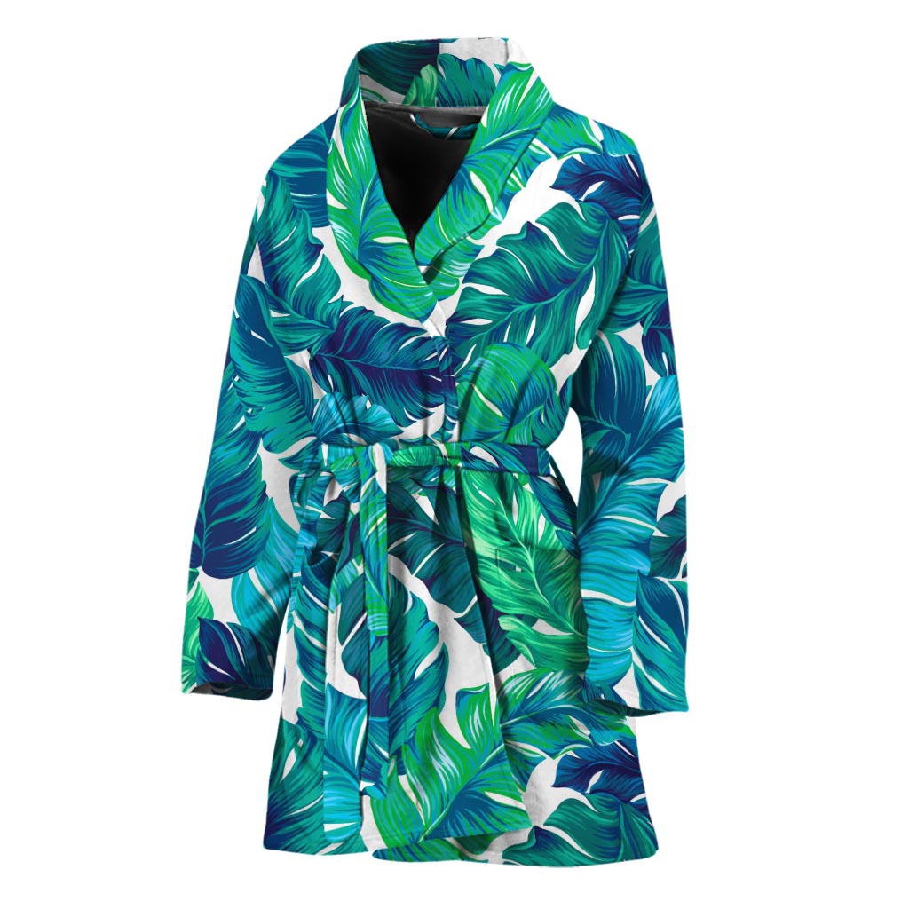 Teal Tropical Leaf Pattern Print Women's Bathrobe