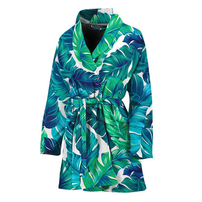 Teal Tropical Leaf Pattern Print Women's Bathrobe