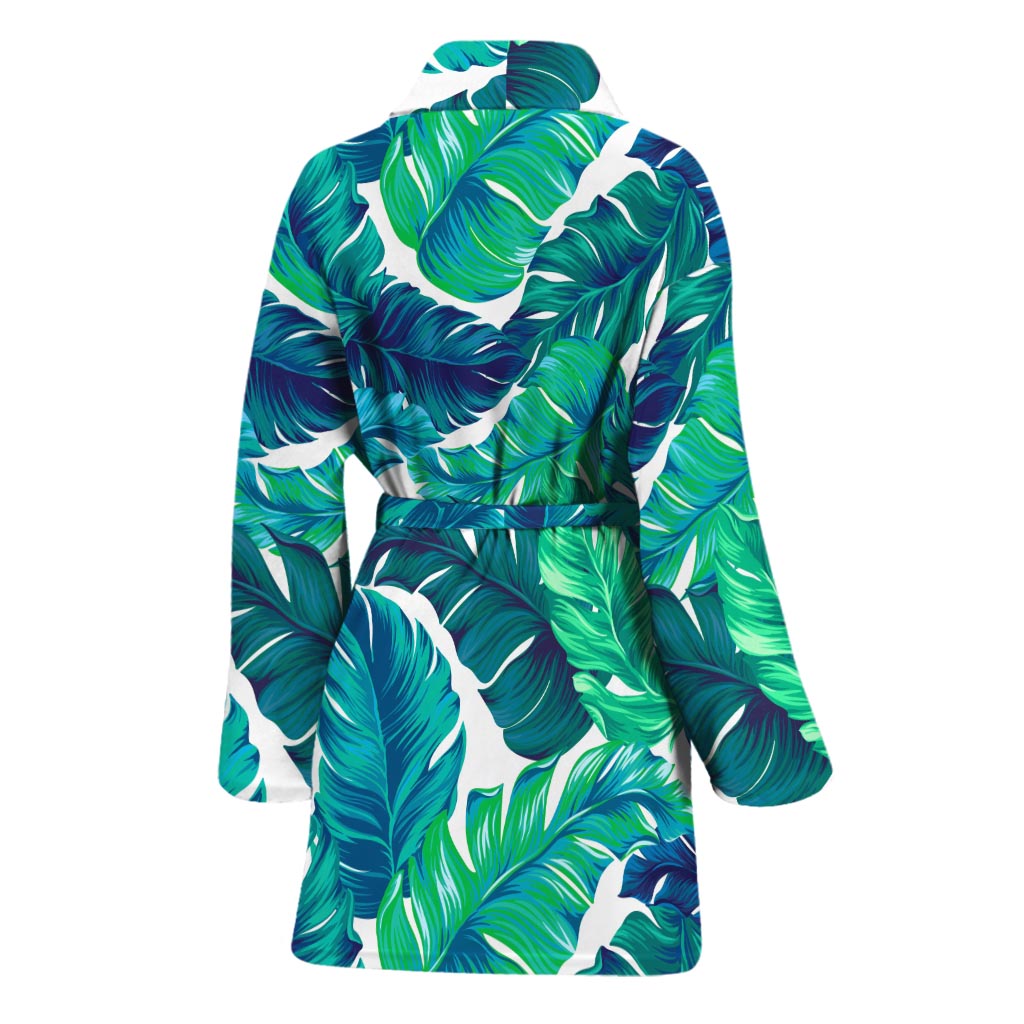 Teal Tropical Leaf Pattern Print Women's Bathrobe