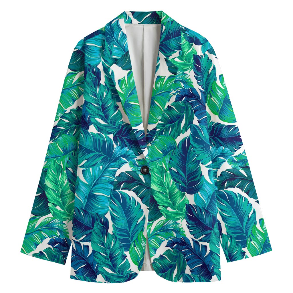 Teal Tropical Leaf Pattern Print Women's Blazer