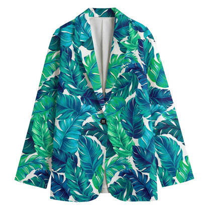 Teal Tropical Leaf Pattern Print Women's Blazer