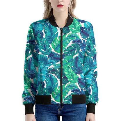 Teal Tropical Leaf Pattern Print Women's Bomber Jacket