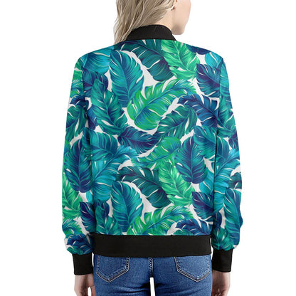 Teal Tropical Leaf Pattern Print Women's Bomber Jacket