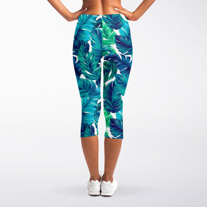 Teal Tropical Leaf Pattern Print Women's Capri Leggings