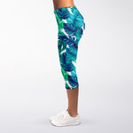 Teal Tropical Leaf Pattern Print Women's Capri Leggings
