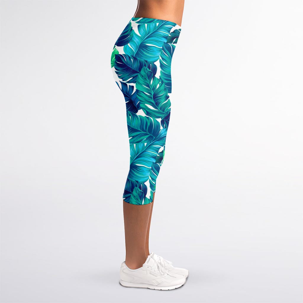 Teal Tropical Leaf Pattern Print Women's Capri Leggings