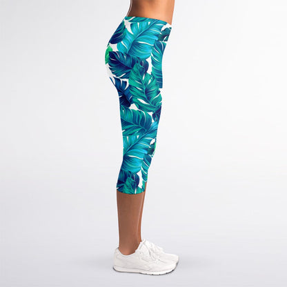 Teal Tropical Leaf Pattern Print Women's Capri Leggings