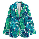 Teal Tropical Leaf Pattern Print Women's Cotton Blazer