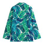 Teal Tropical Leaf Pattern Print Women's Cotton Blazer