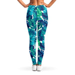 Teal Tropical Leaf Pattern Print Women's Leggings