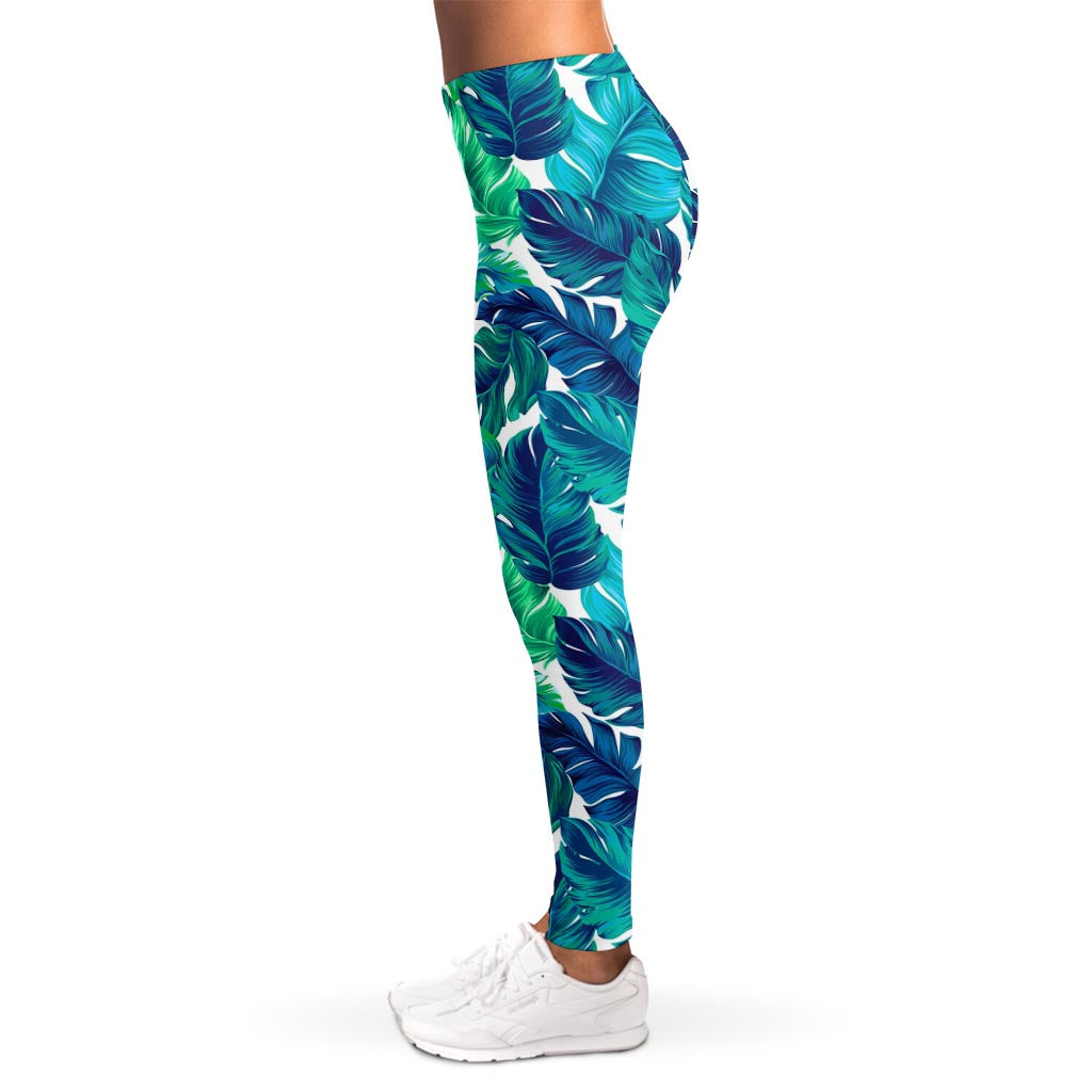 Teal Tropical Leaf Pattern Print Women's Leggings
