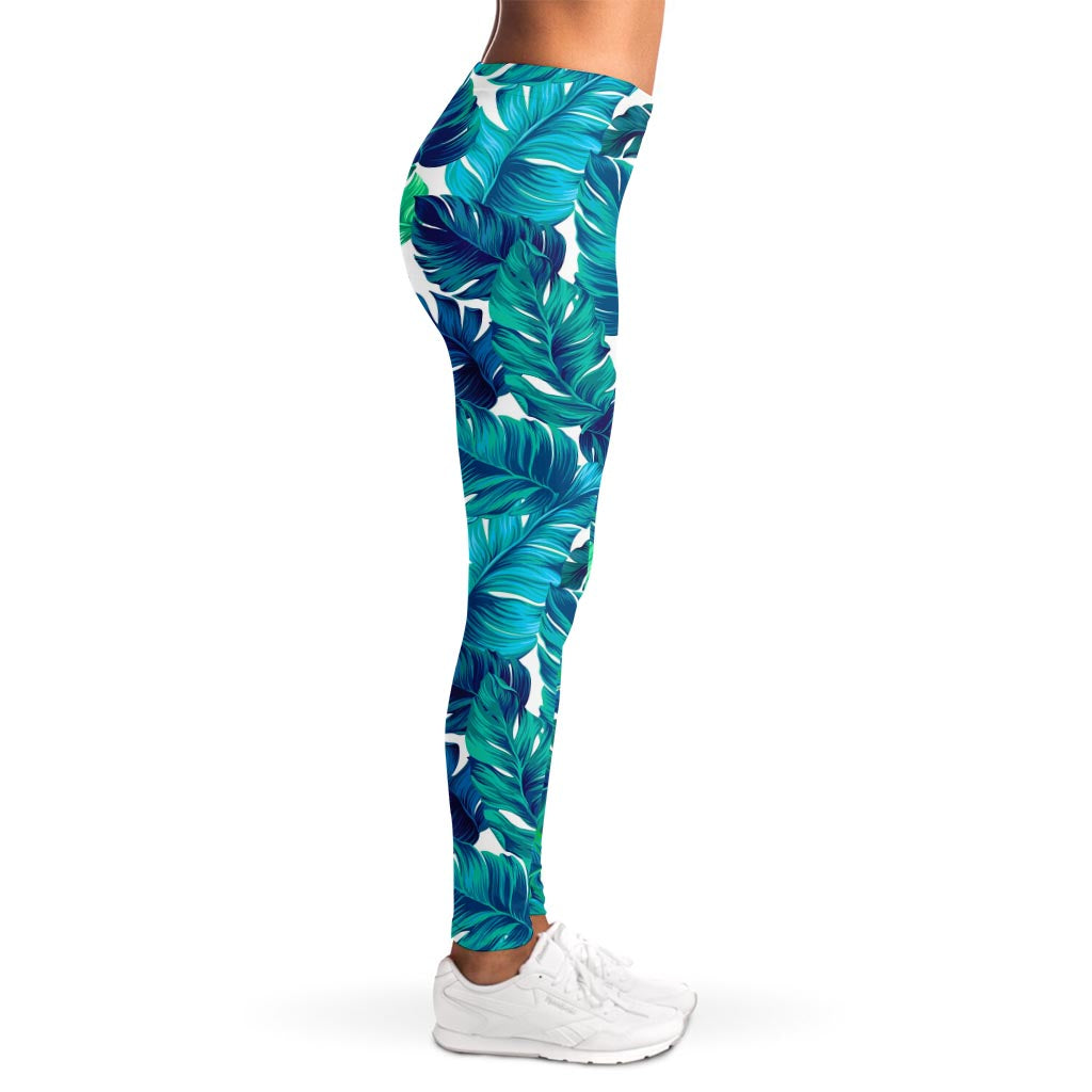 Teal Tropical Leaf Pattern Print Women's Leggings