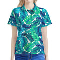 Teal Tropical Leaf Pattern Print Women's Polo Shirt