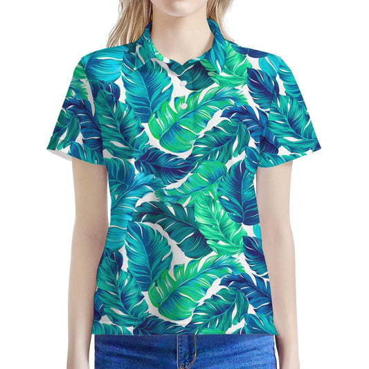 Teal Tropical Leaf Pattern Print Women's Polo Shirt