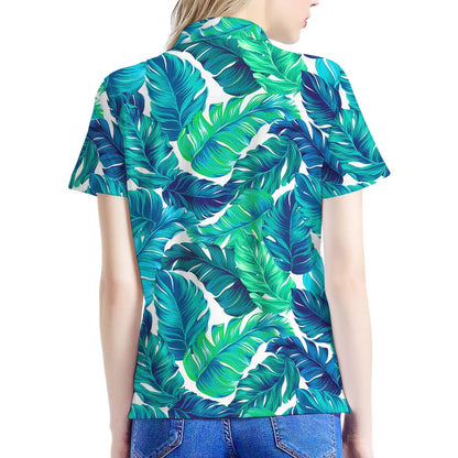 Teal Tropical Leaf Pattern Print Women's Polo Shirt