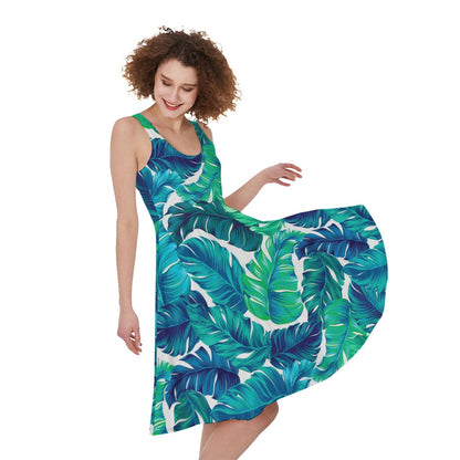 Teal Tropical Leaf Pattern Print Women's Sleeveless Dress