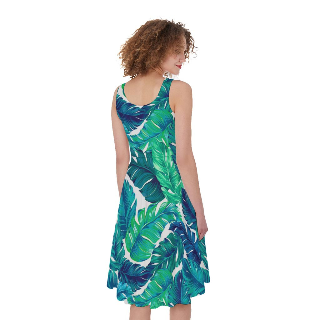 Teal Tropical Leaf Pattern Print Women's Sleeveless Dress