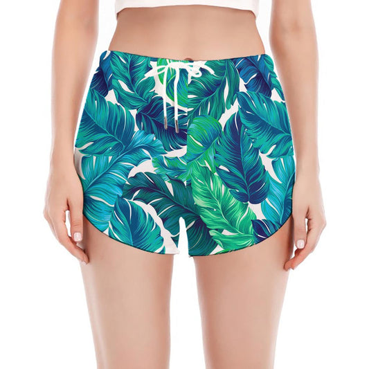Teal Tropical Leaf Pattern Print Women's Split Running Shorts