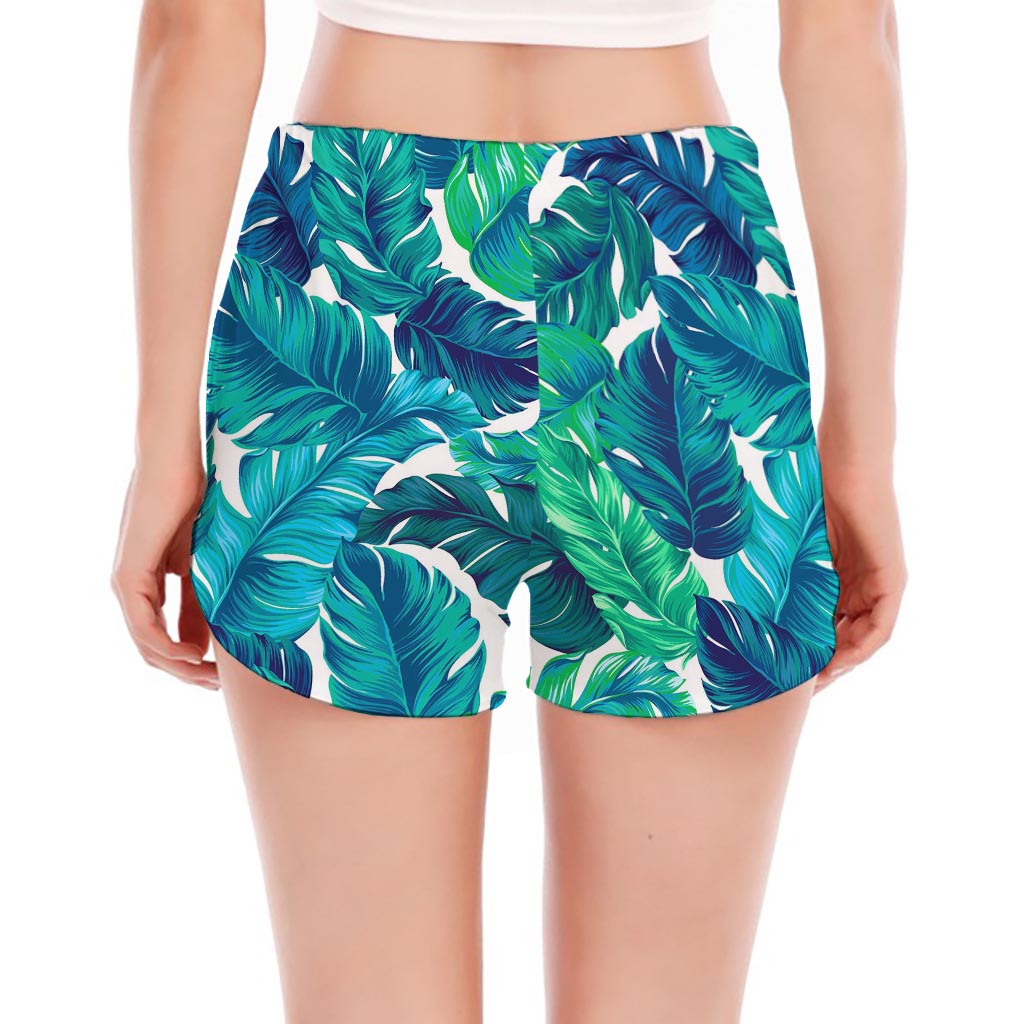 Teal Tropical Leaf Pattern Print Women's Split Running Shorts