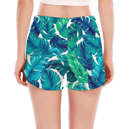 Teal Tropical Leaf Pattern Print Women's Split Running Shorts